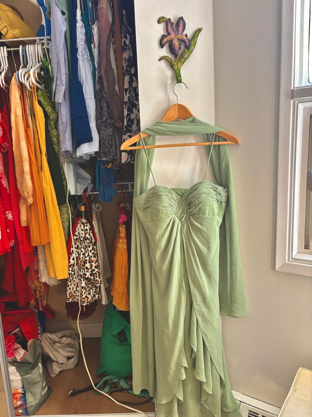 Elegant Sage Green Slip Dress with Draped Bodice - Picture 3 of 7